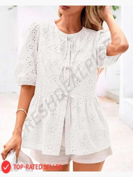 Peplum Eyelet Tie Front Blouse Lantern Sleeve Y2K Lace Babydoll Top - Picture 5 of 7
